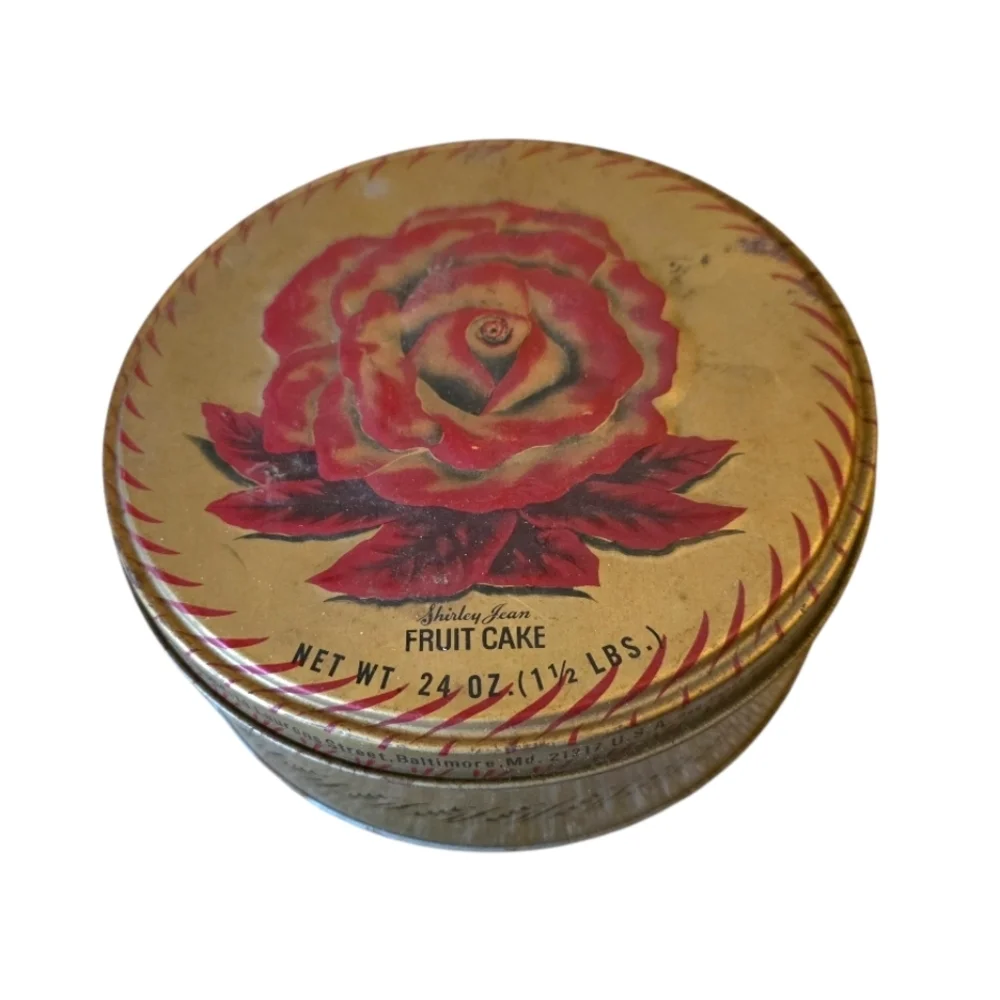 Vintage Fruit Cake Tin with Red Rose Design Shirley Jean Fruitcake Advertising